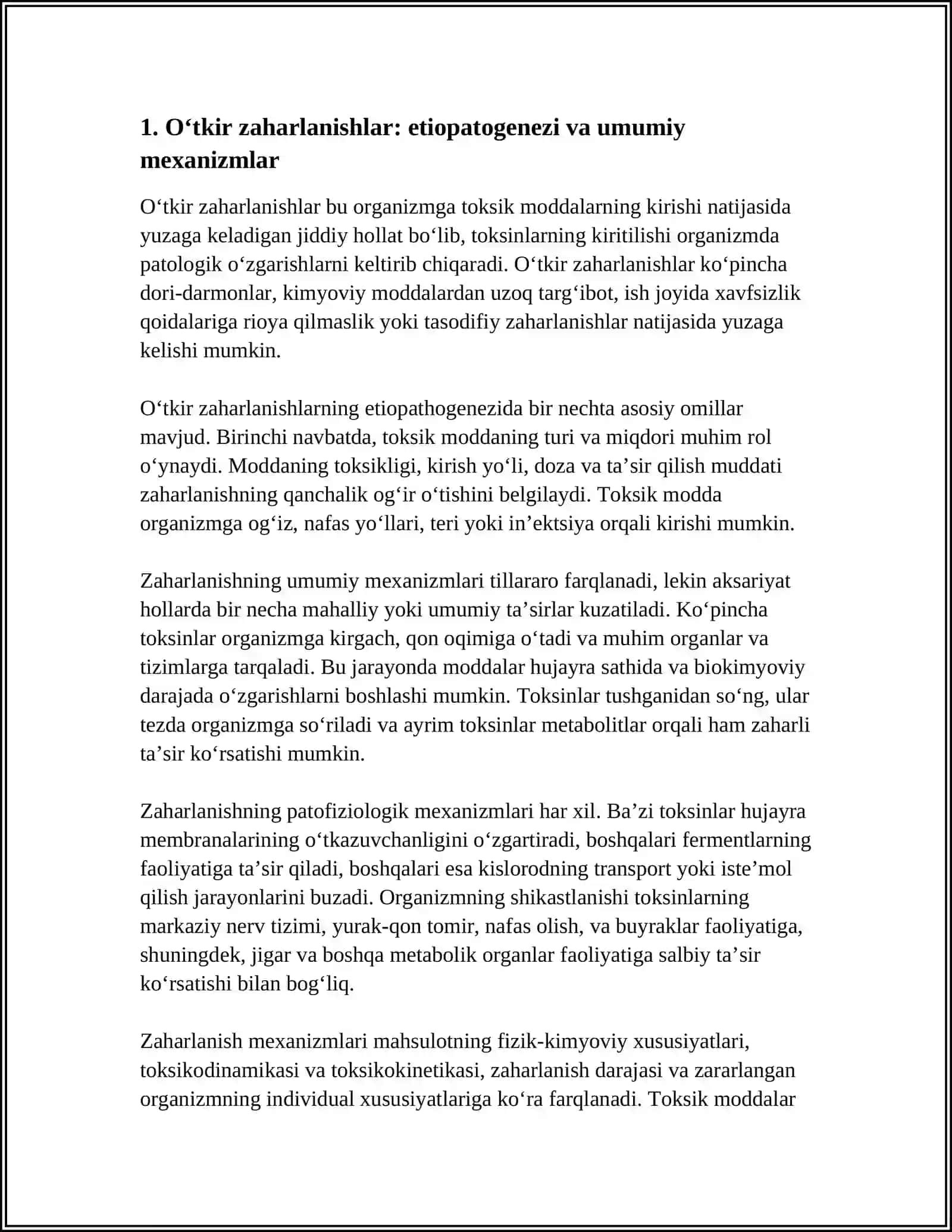 OʻTKIR ZAHARLANISHLAR ETIOPATOGENEZI, KLINIKASI, TASHXISLASH VA DAVOSI 3