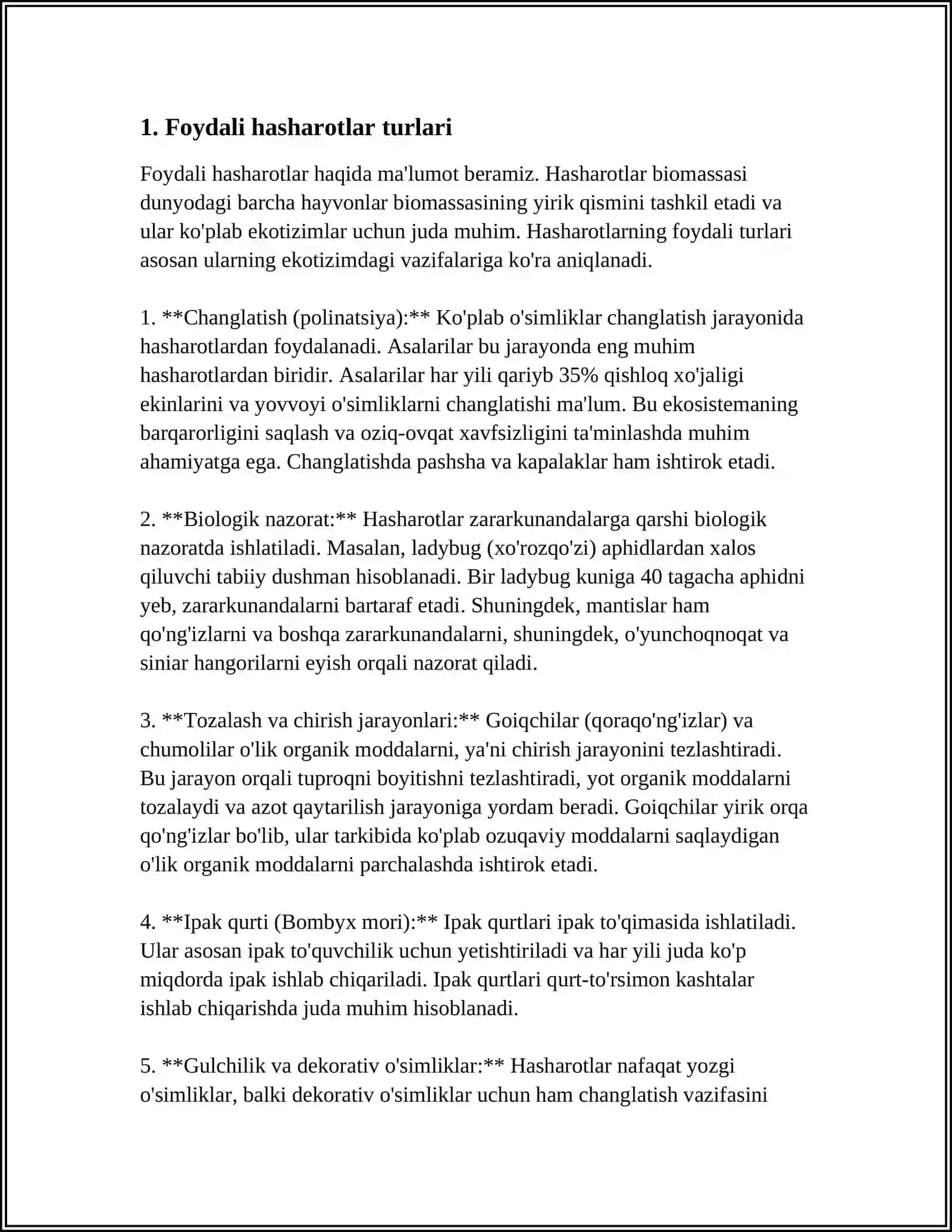FOYDALI HASHAROTLARNING EKALOGIYASI 3