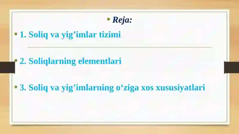 O‘zbekiston Respublikasida soliqlar va yig’imlar. Soliqlarning elementlari 3