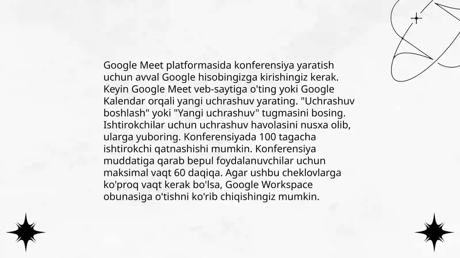 Google Meet platformasida konferensiya yaratish va unga foydalanuvchilarni ulash va boshqarish 3
