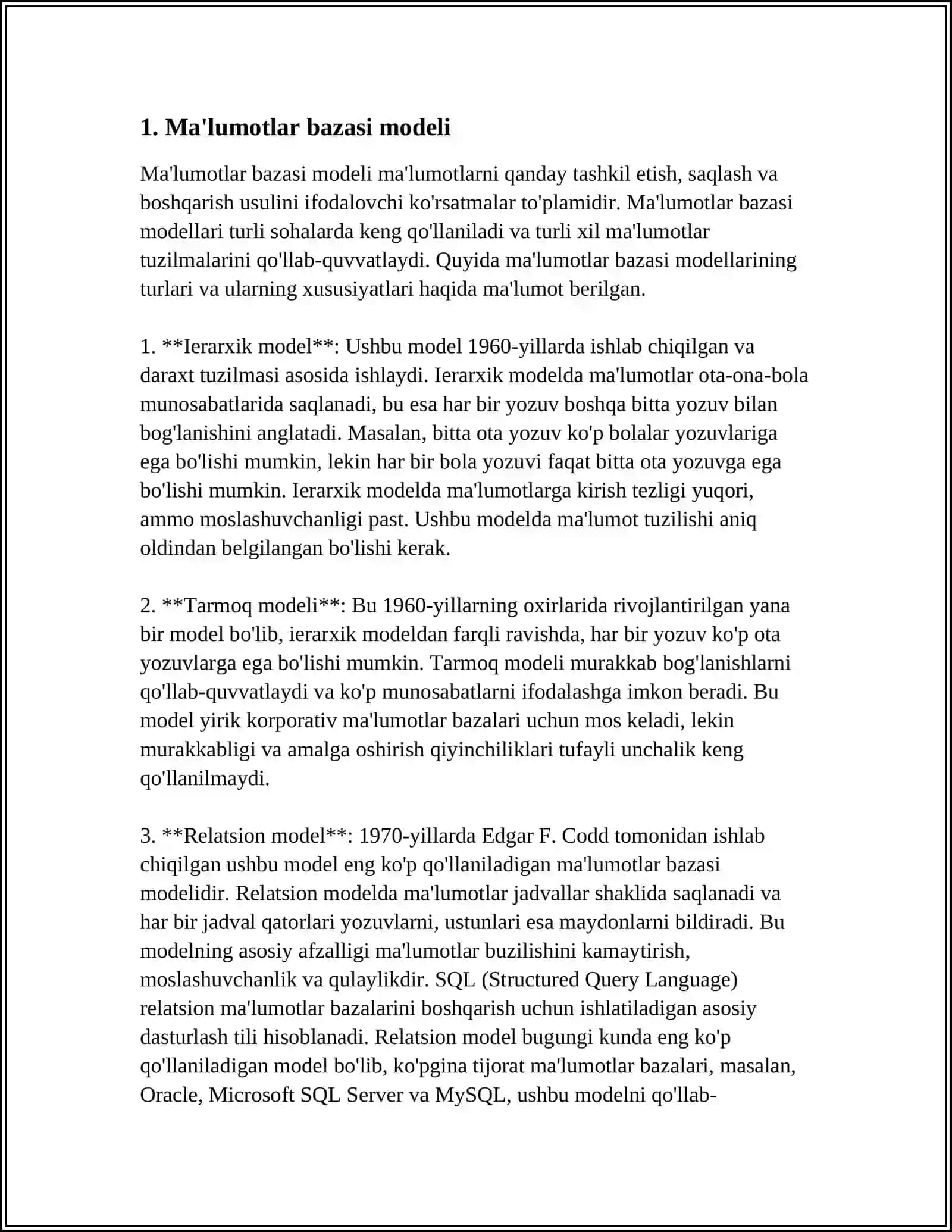 MA'LUMOTLAR BAZASIDA MODELI VA MA'LUMOTLAR TURLARI 3