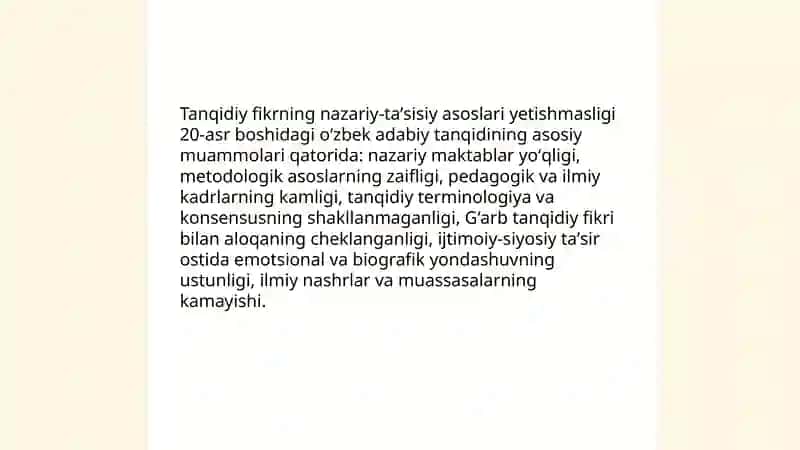 20-asr boshidagi oʻzbek adabiy tanqidining asosiy muammolari 3