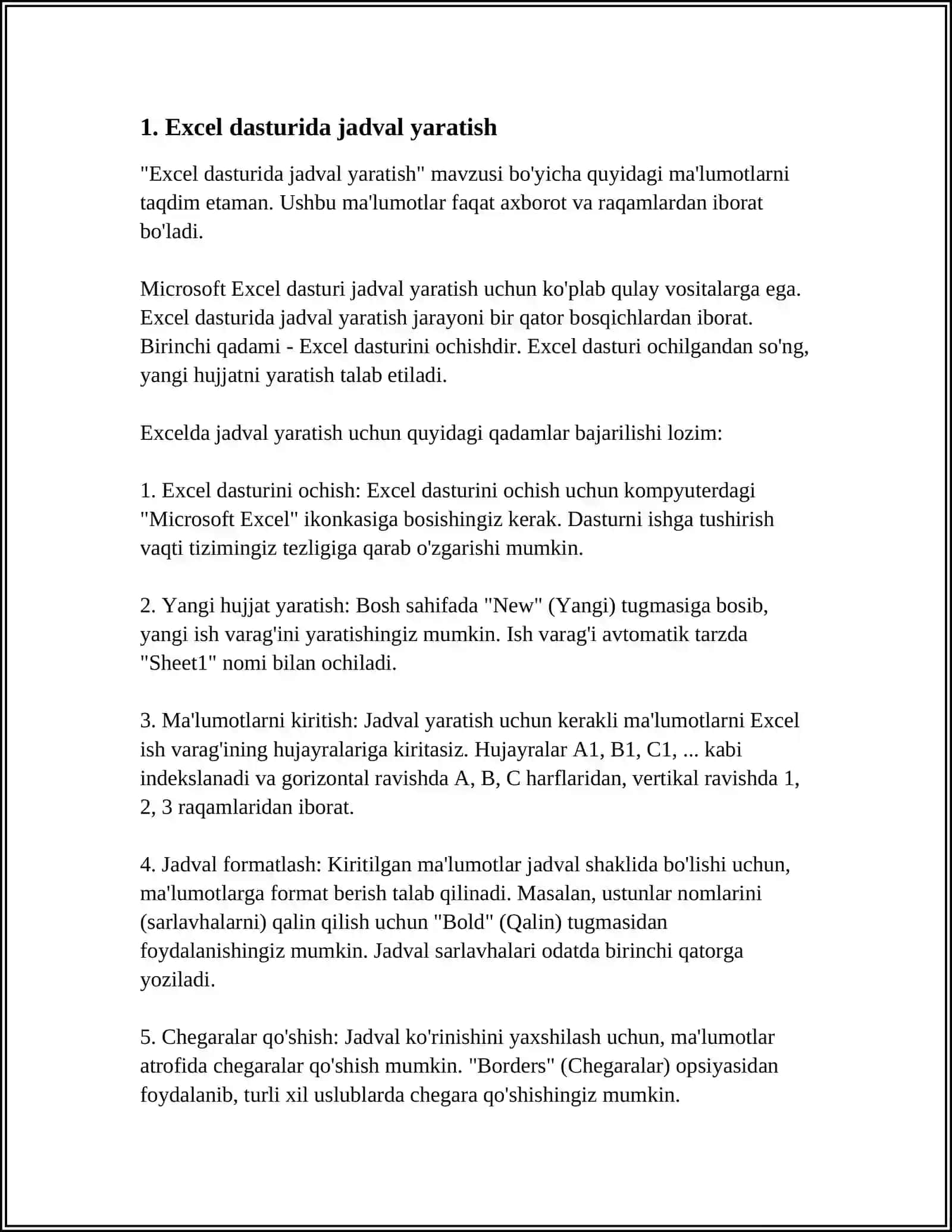 EXCEL DASTURIDA JADVAL HOSIL QILISH VA UNING USTIDA AMALLAR BAJARISH 3