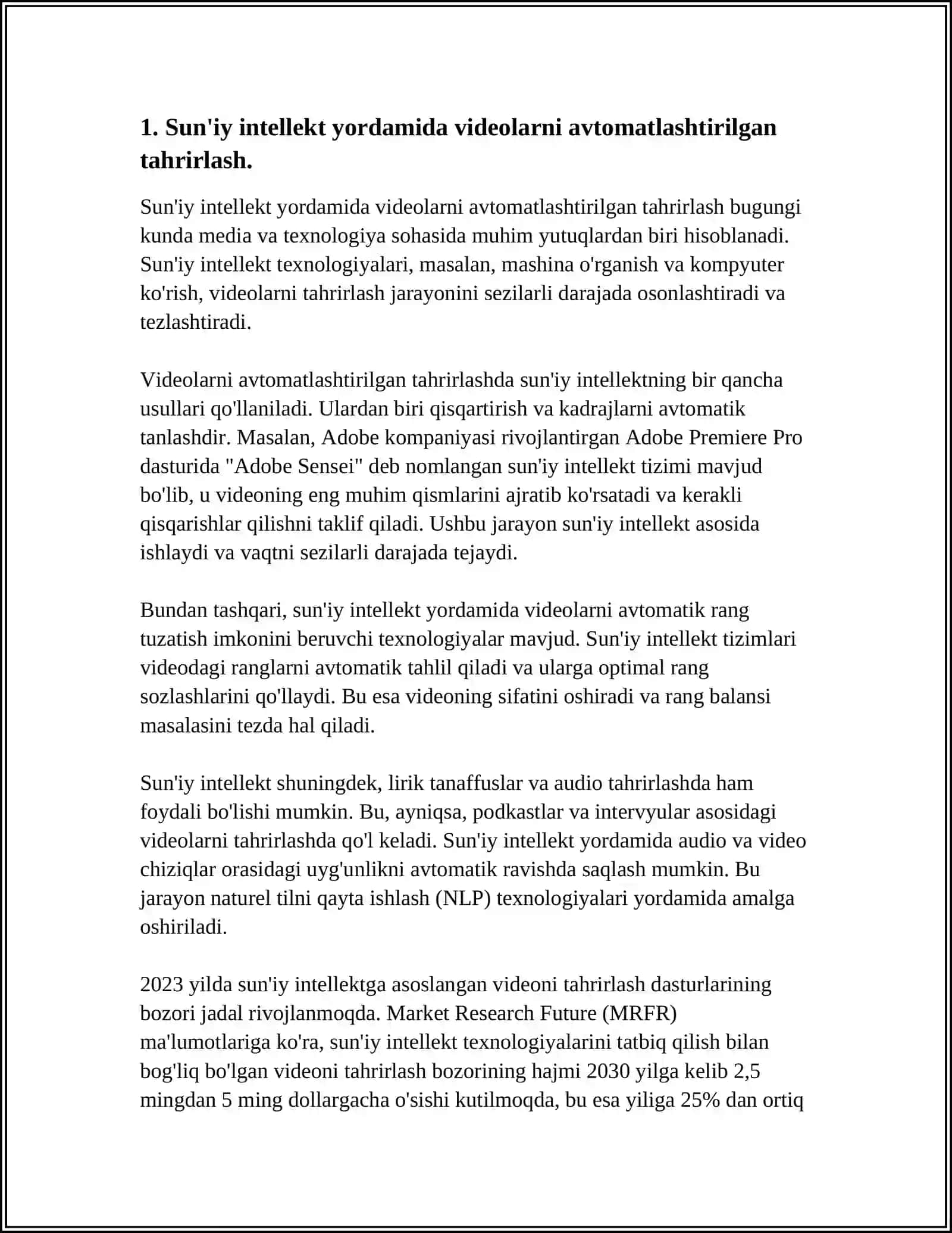 MUSTAQIL ISH Mavzu: SUNIY INTELEKT ADOBE YORDAMIDA VIDEO MALUMOTLARNI TAHRIRLASH 3