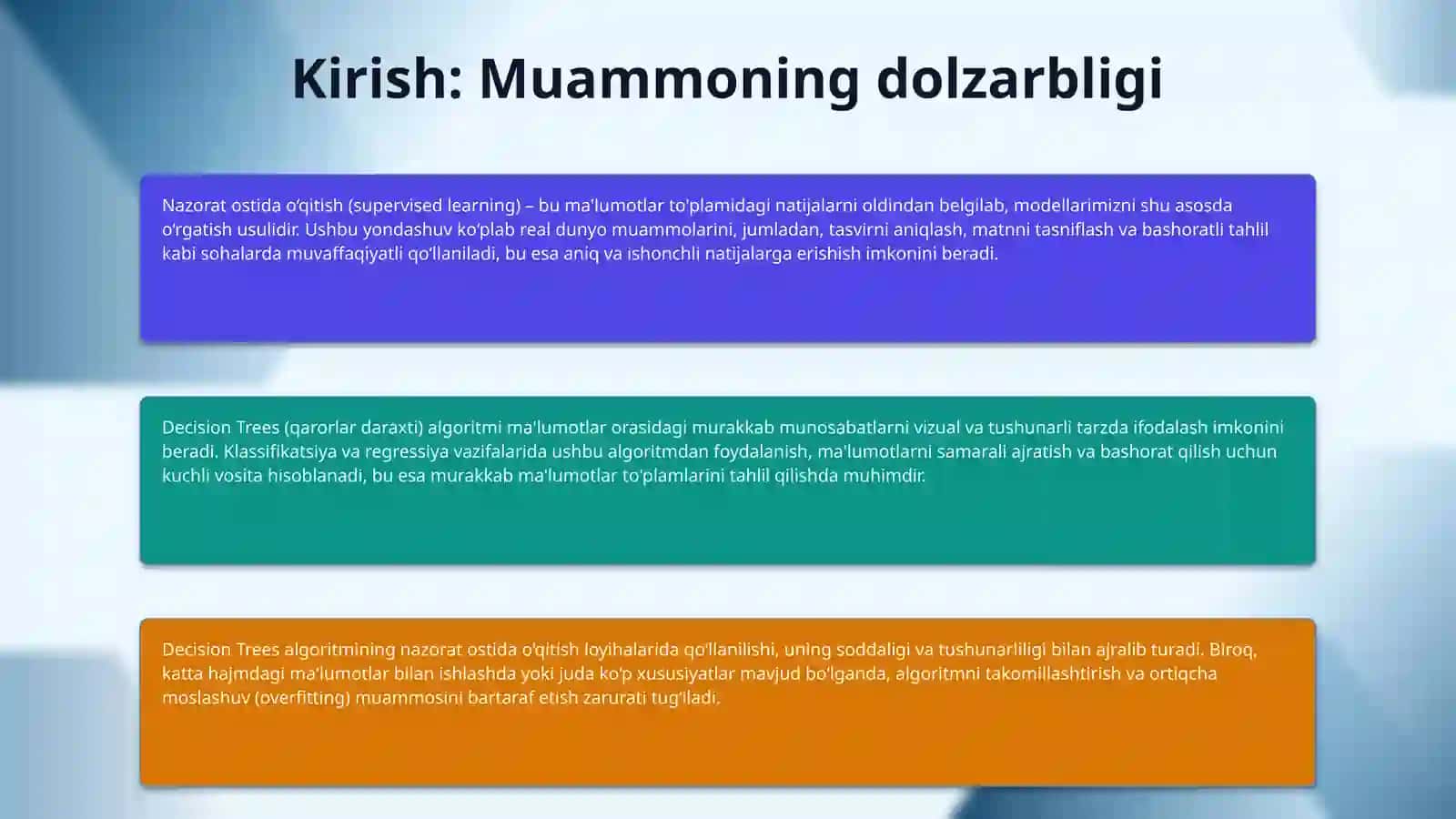 Nazorat ostida o‘qitishning Decision trees algoritimi asosida loyiha bajarish 3