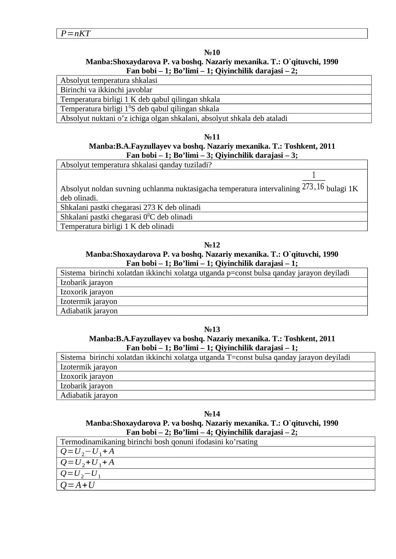 Nazariy mexanika asoslari fanidan test savollari 3