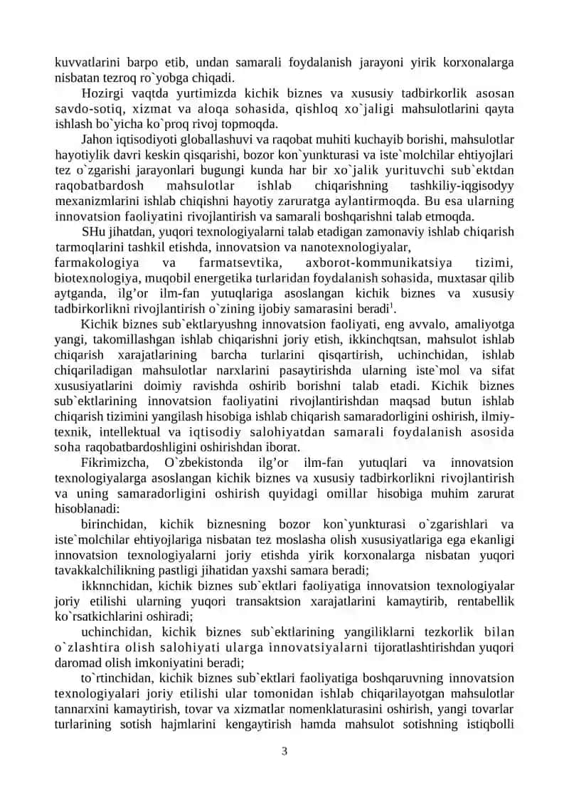 O`ZBEKISTONDA KICHIK BIZNES VA TADBIRKORLIKNI RIVOJLANTIRISH ISTIQBOLLARI 3