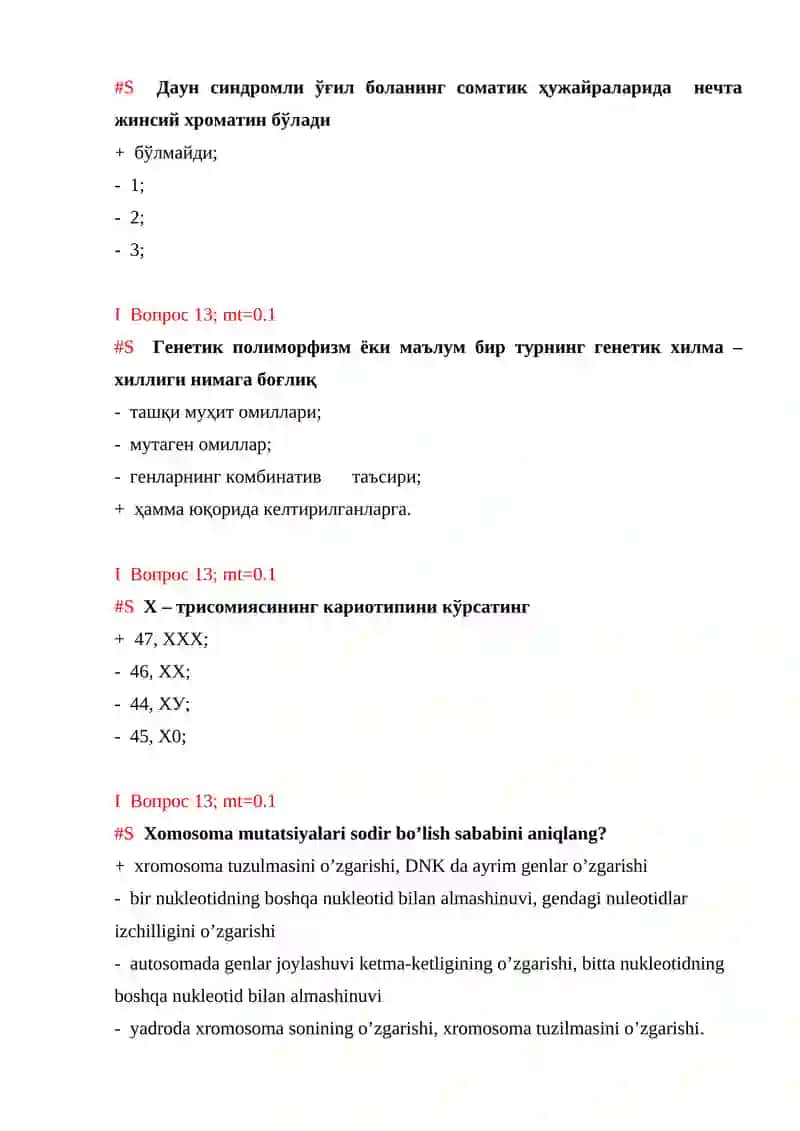 Irsiy kasalliklar. Tibbiy genetik maslaxat. Test 3