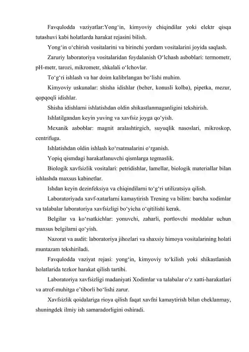 LABORATORYADA XAVFSIZ ISHLASH, ZARURIY VOSITALARDAN FOYDALANISH TALABLARI 3