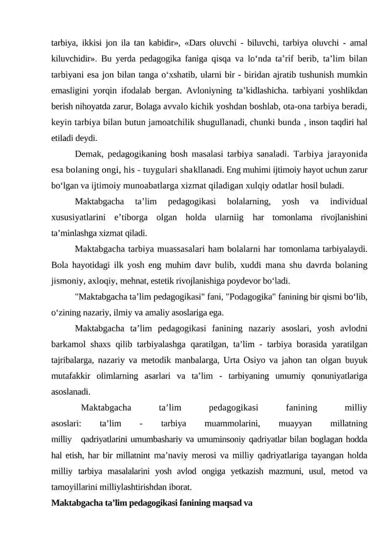 Maktabgacha ta’lim pedagogikasi fanining mavzusi 3