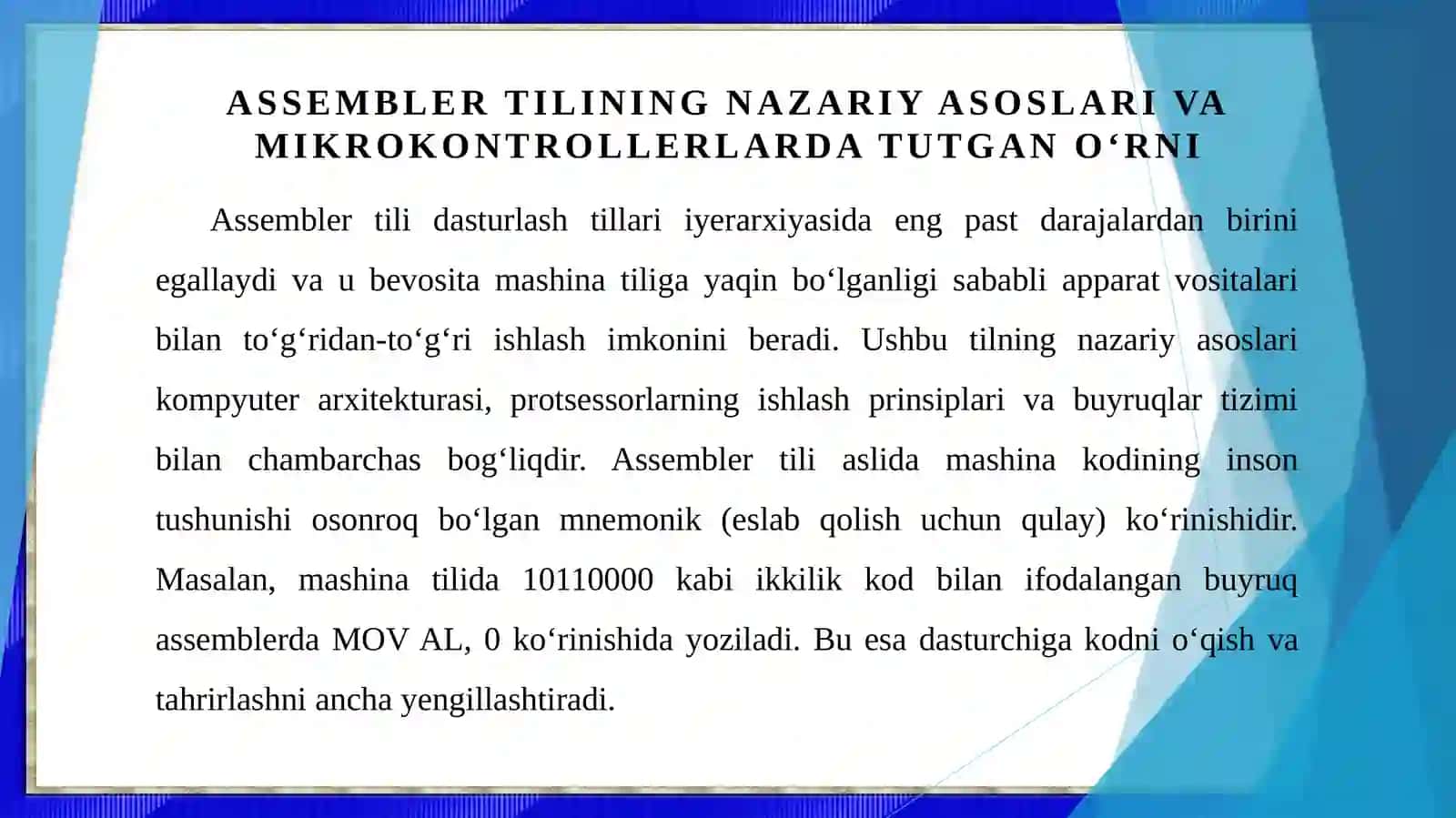 Assembler tilining mikrokontrollerlar uchun ahamiyati va past darajadagi dasturlash asoslari 3