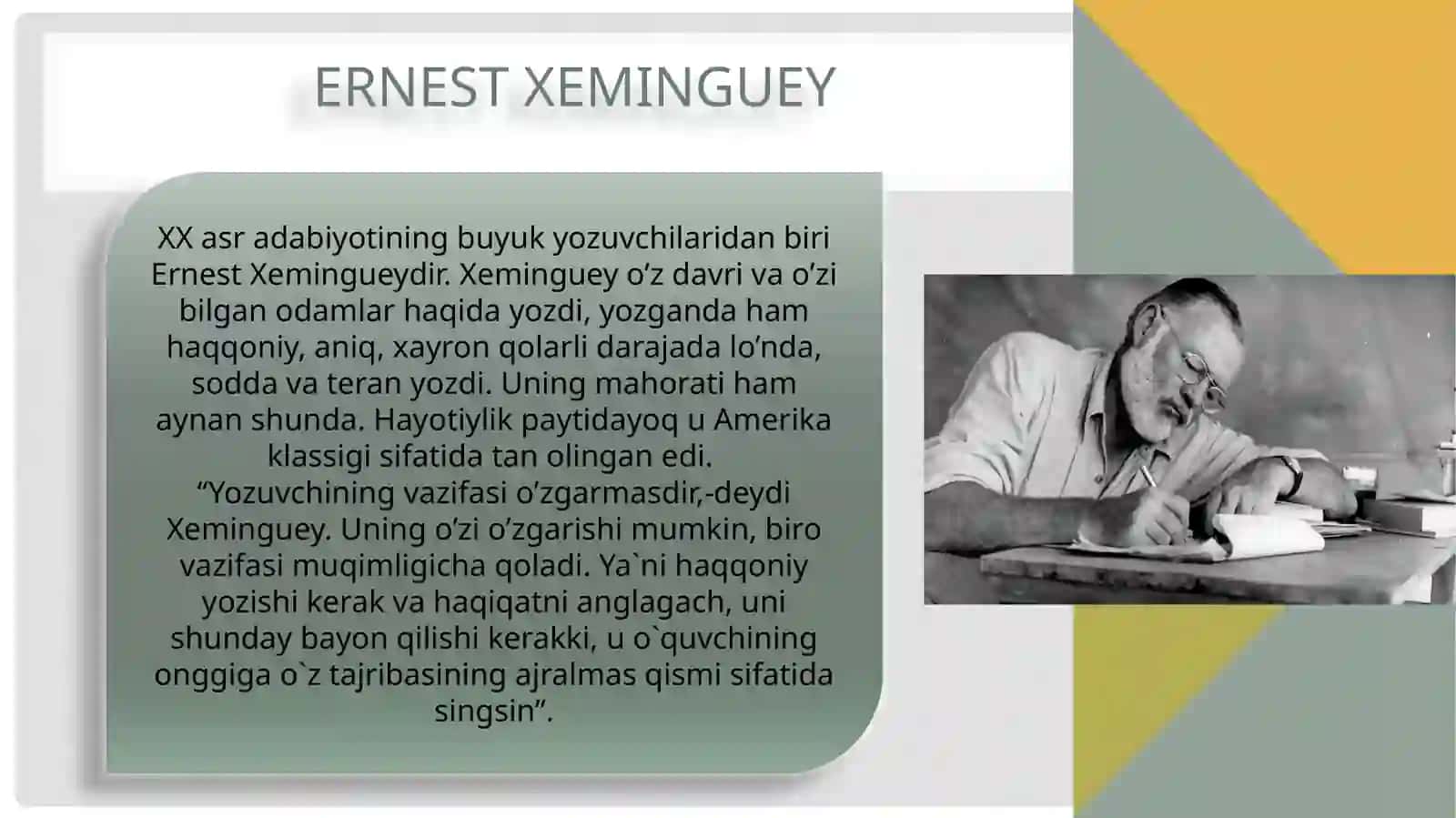 Ernest xeminguey ijodida inson va borliq muammosi talqini 3