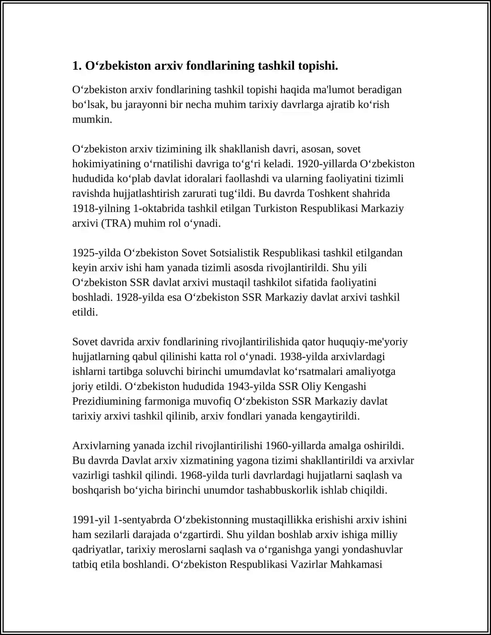 O‘ZBEKISTON RESPUBLIKASI OLIY TA’LIM FAN VA INNOVATSIYA VAZIRLIGI TOSHKENT PERFECT UNIVERSITETI TARIX S1-21 MUSTAQIL ISH 3