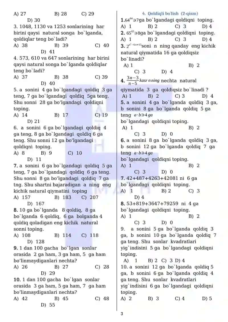 Matematikadan yangi taxiridagi testlar to'plami 3