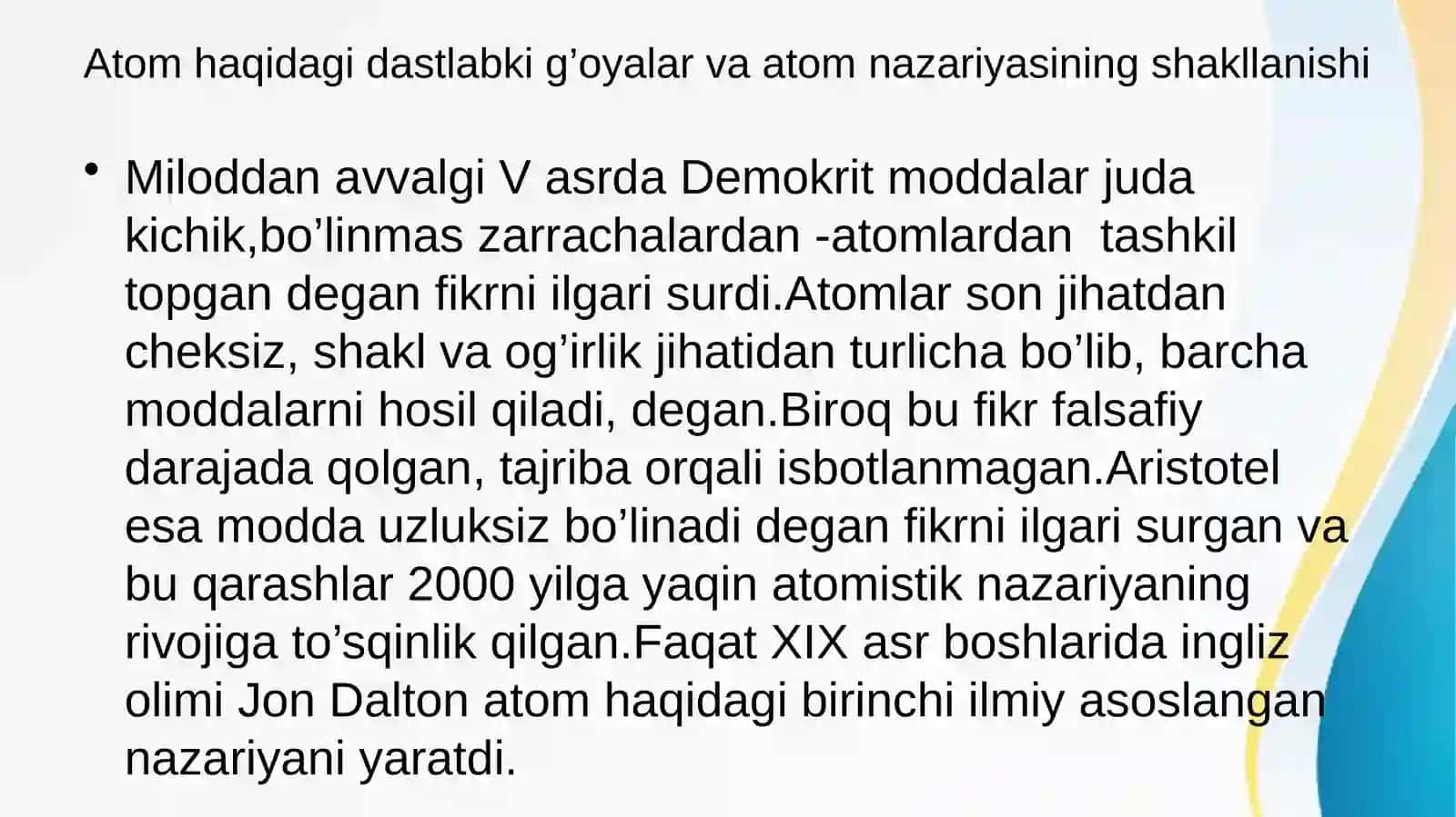 Mavzu: Dastlabki kimyoda atom element tushunchalari 3