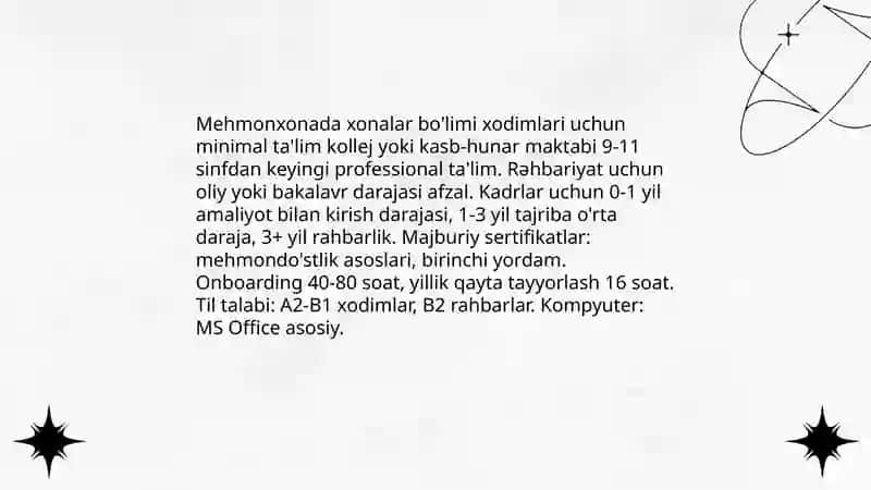Mehmonxonada xonalar bo'limi xodimlariga qo'yiladigan talablar 3