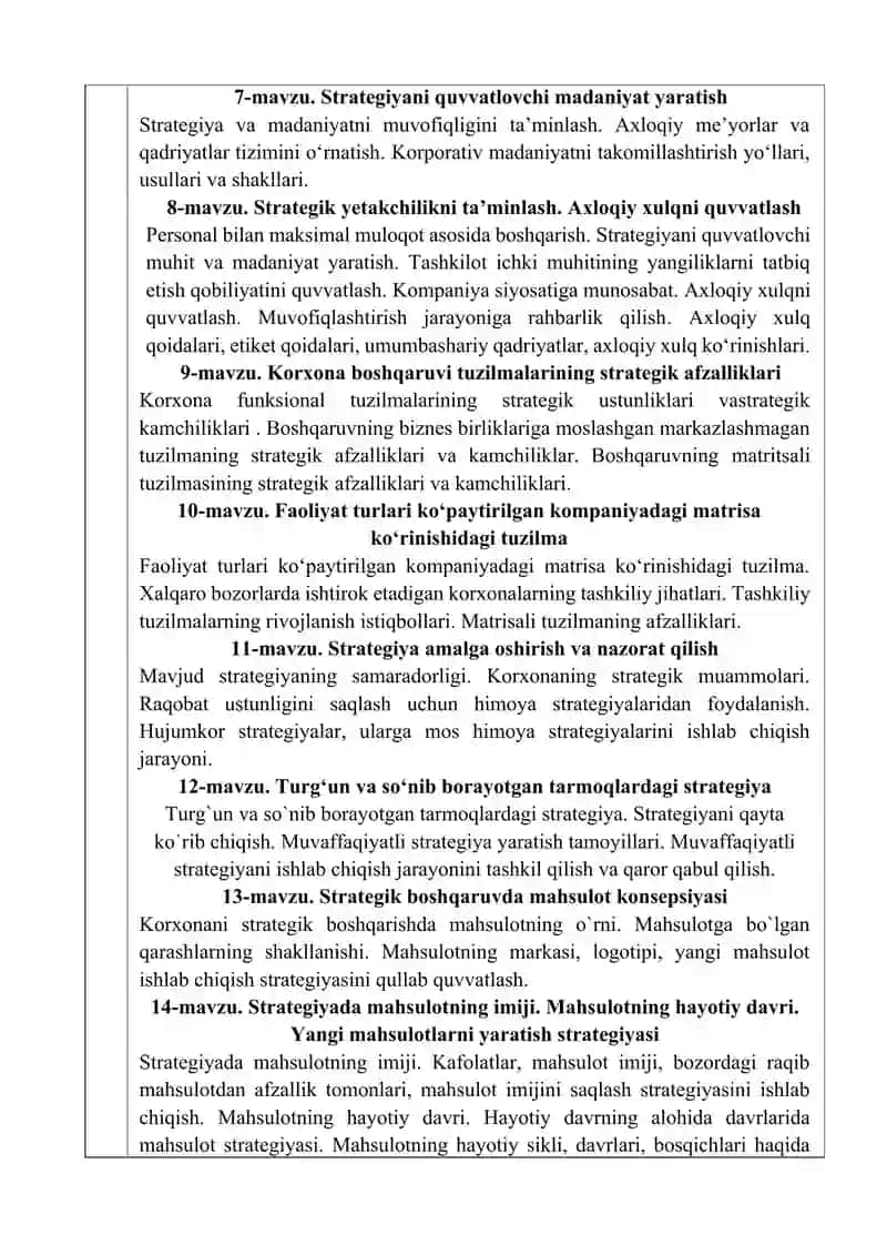 strategik boshqaruv fanidan Fan dasturi 3