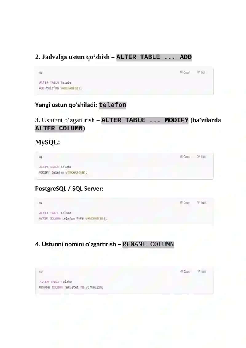 SQL Tilida Jadvallarni Yaratish, O'zgartirish va O'chirish 3
