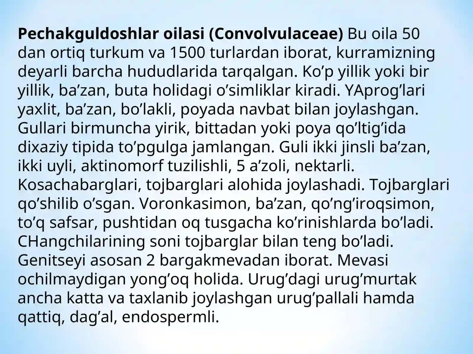 Pechakdoshlar (Convolvulaceae) va Ituzumdoshlar (Solanaceae) oilasi 3