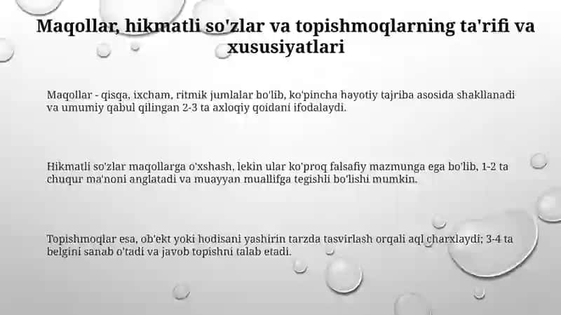 Maqol va hikmatli, topishmoqlar bilan tanishish va uning uslubi 3