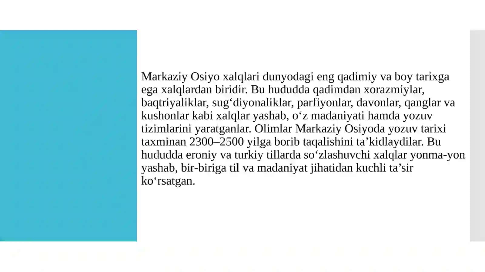 O‘RTA OSIYO XALQLARINING QADIMGI DAVR TARIXITARIXSHUNOSLIGI 3