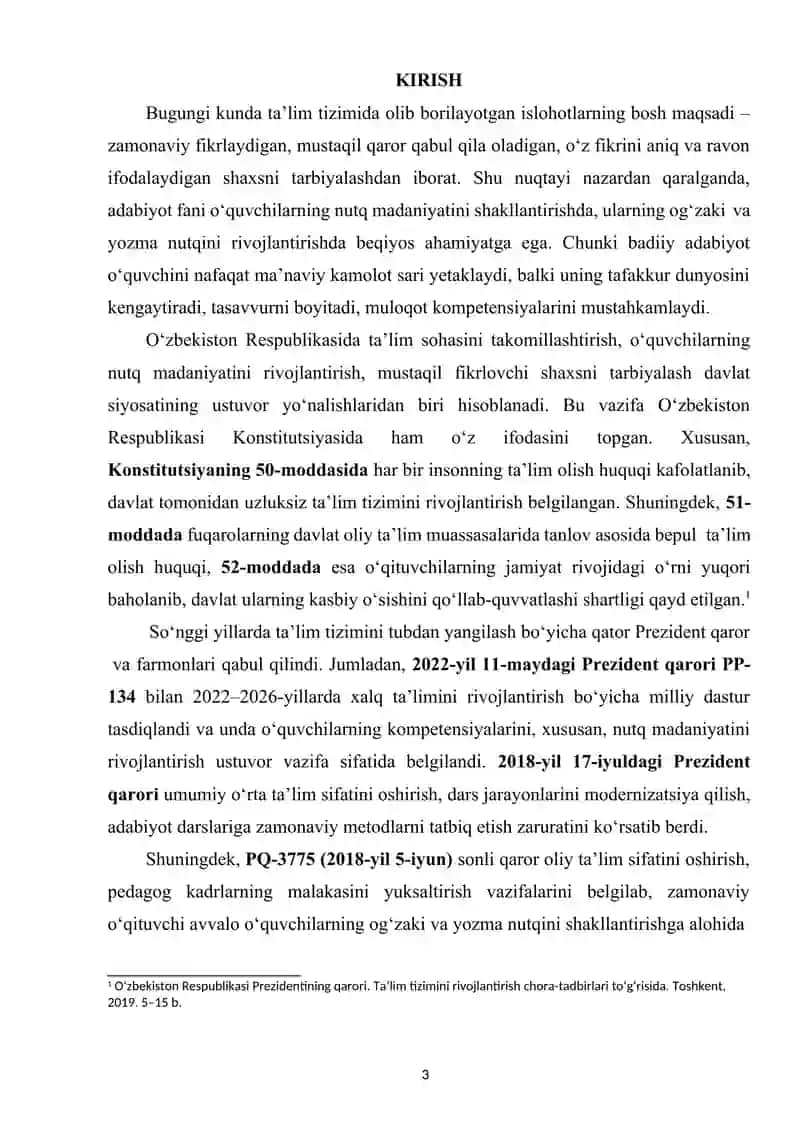 “O‘zbek adabiyotini o‘qitish metodikasi” kurs ishi 3