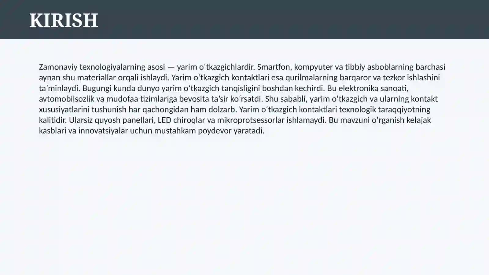 YARIM O’TKAZGICH VA YARIM O’TKAZGICH KONTAKT 3