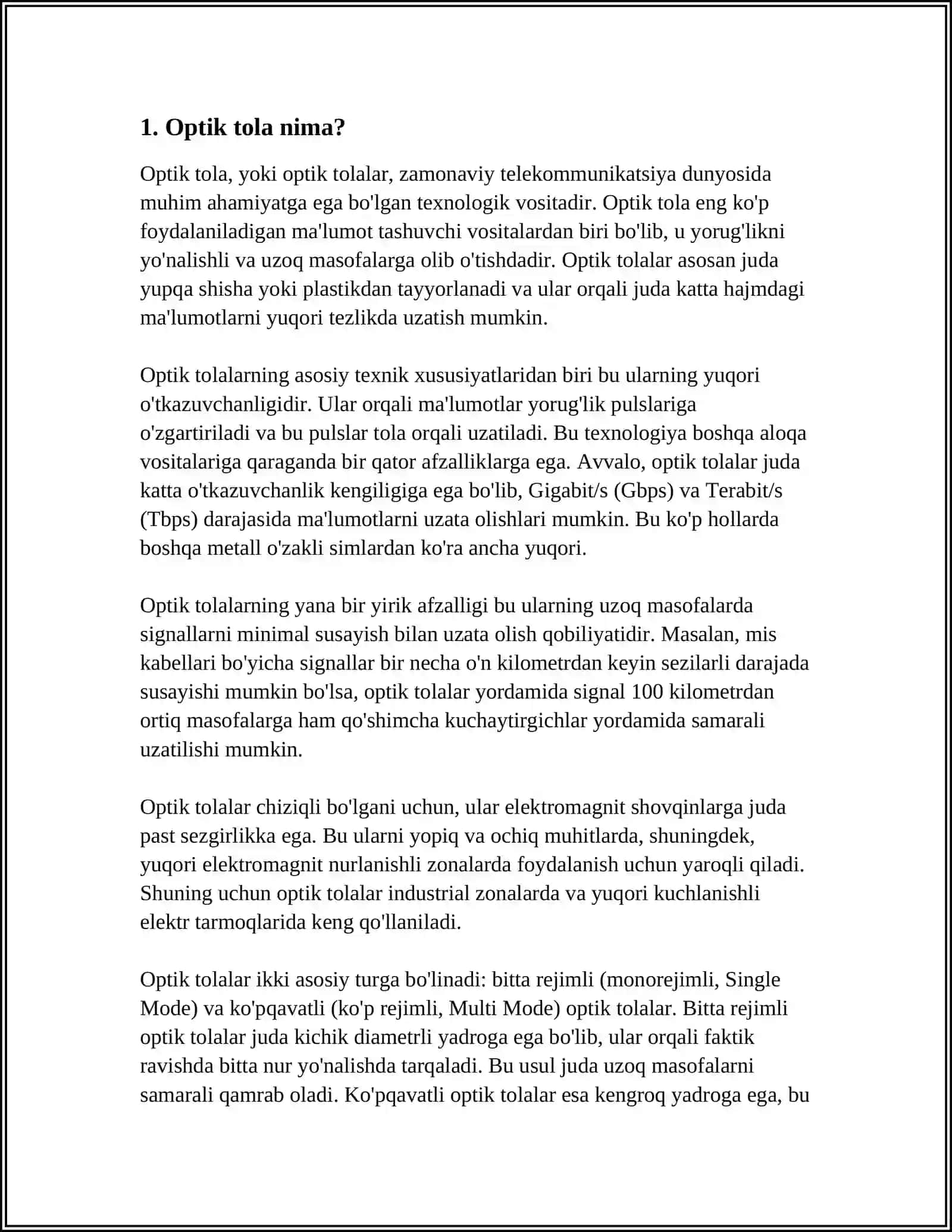 OPTIK TOLA VA KABELLAR, ULARNING TURLARI, TAVSIF VA PARAMETRLARI 3