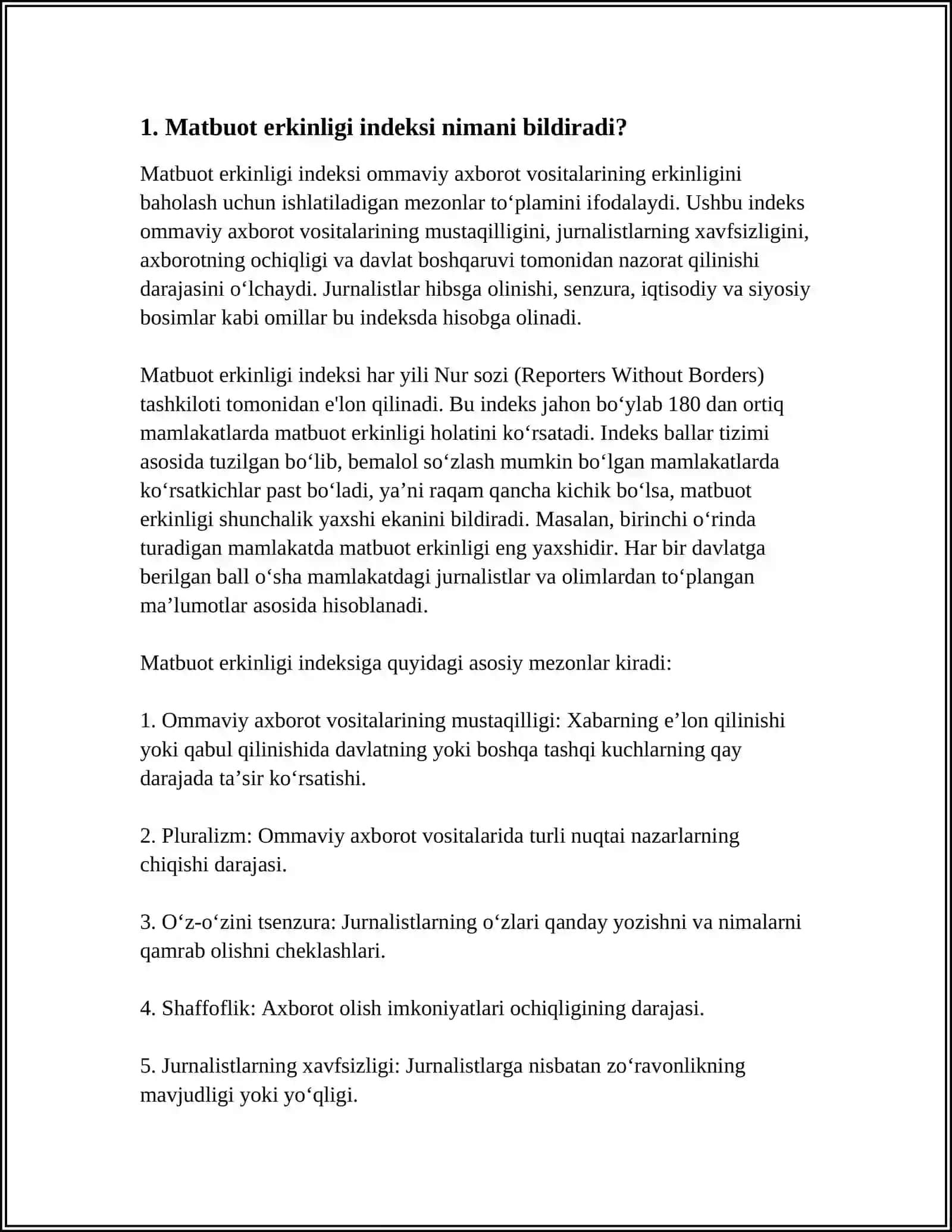 O‘ZBEKISTONNING "MATBUOT ERKINLIGI INDEKSI"DAGI O'RNI 3