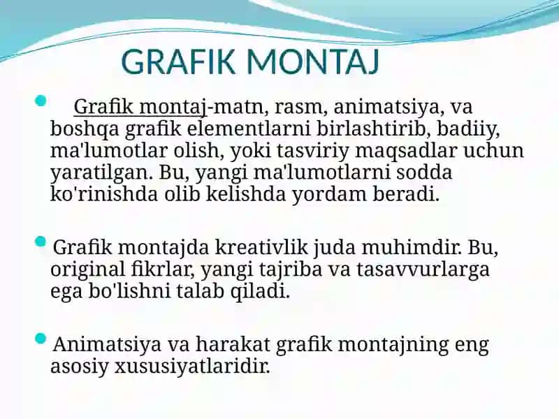 Grafik montaj va animatsiyalar ni taqdim etish da qo’llaniladigan usullar 3