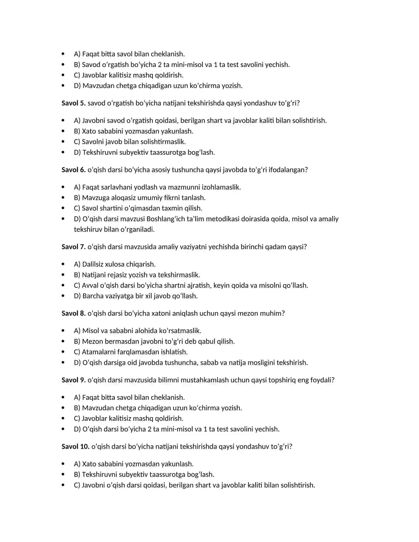Boshlang‘ich ta’lim metodikasi — 100 test 3