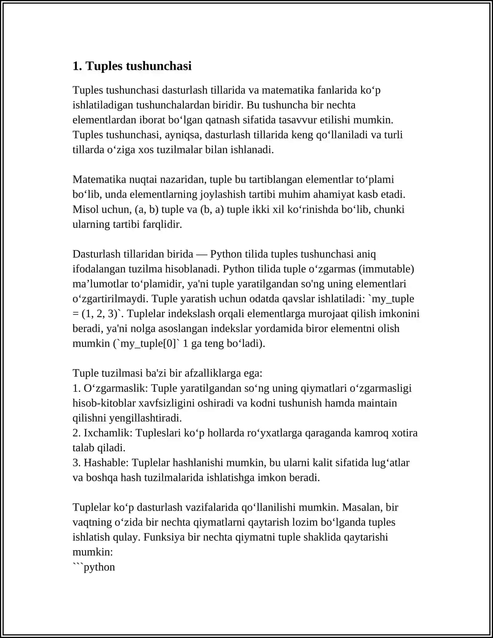 TUPLES O'ZGARMAS RO'YXATLAR BILAN ISHLASH 3
