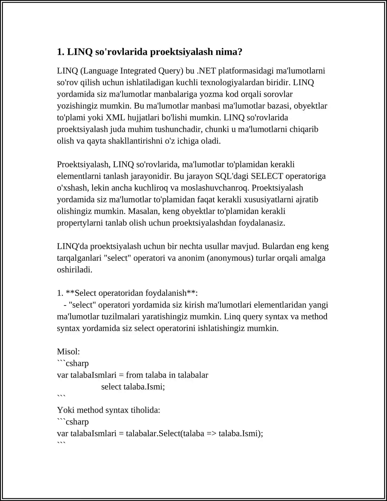 LINQ SO‘ROVLARIDA PROEKSIYALASH 3
