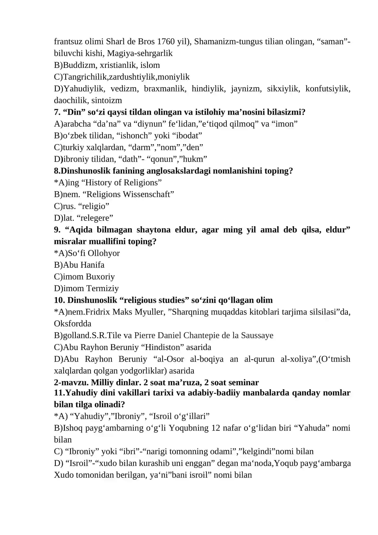 Dinshunoslik test yakuniy uchun 3