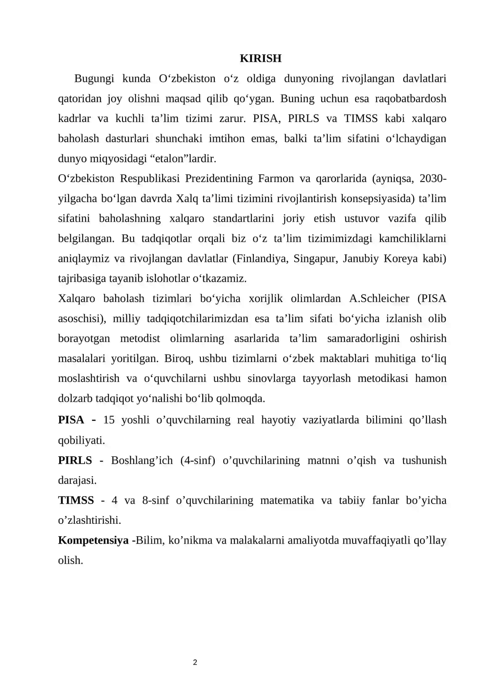 Xalqaro va milliy baholash mohiyati va mezonlari. PISA, PIRLS, TIMSS xalqaro tadqiqotlarining mamlakatimiz ta'lim tizimidagi ahamiyati 3