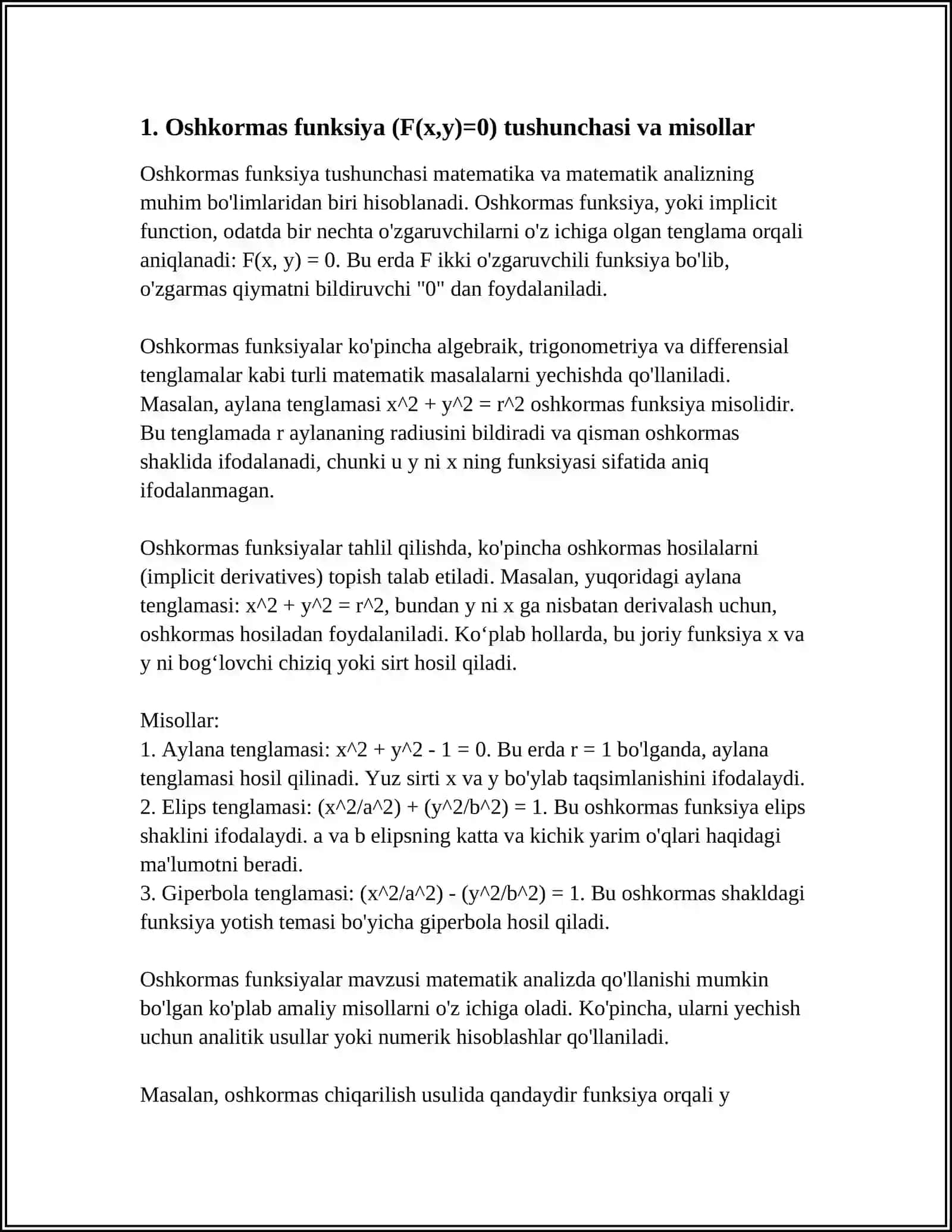 Oshkormas va Parametrik Funksiyalar Hosilasini Hisoblash 3