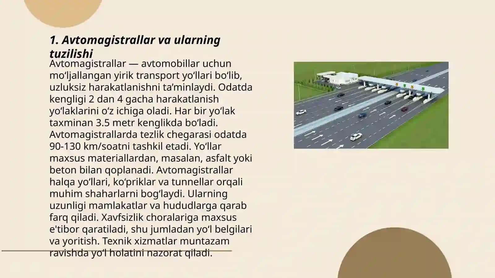 Avtomagistrallar va pullik avtomobil yoʻllari elementlarini oʻrganish 3