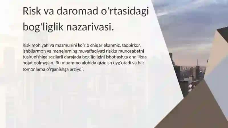 Kapital bozorlaridagi risk va daromad o'rtasidagi bog'liglik nazariyasi. 3