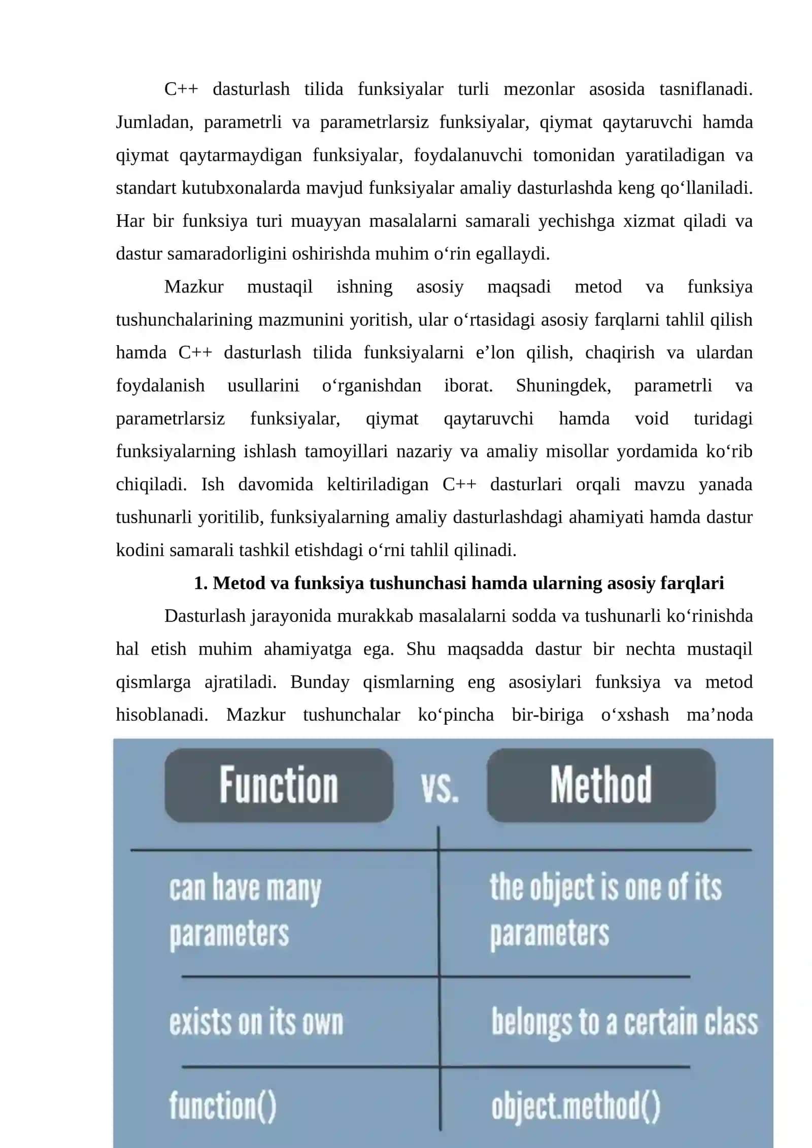 Metodlar va funksiyalarning farqi. C++ dasturlash tilida funksiyaning tasnifi 3