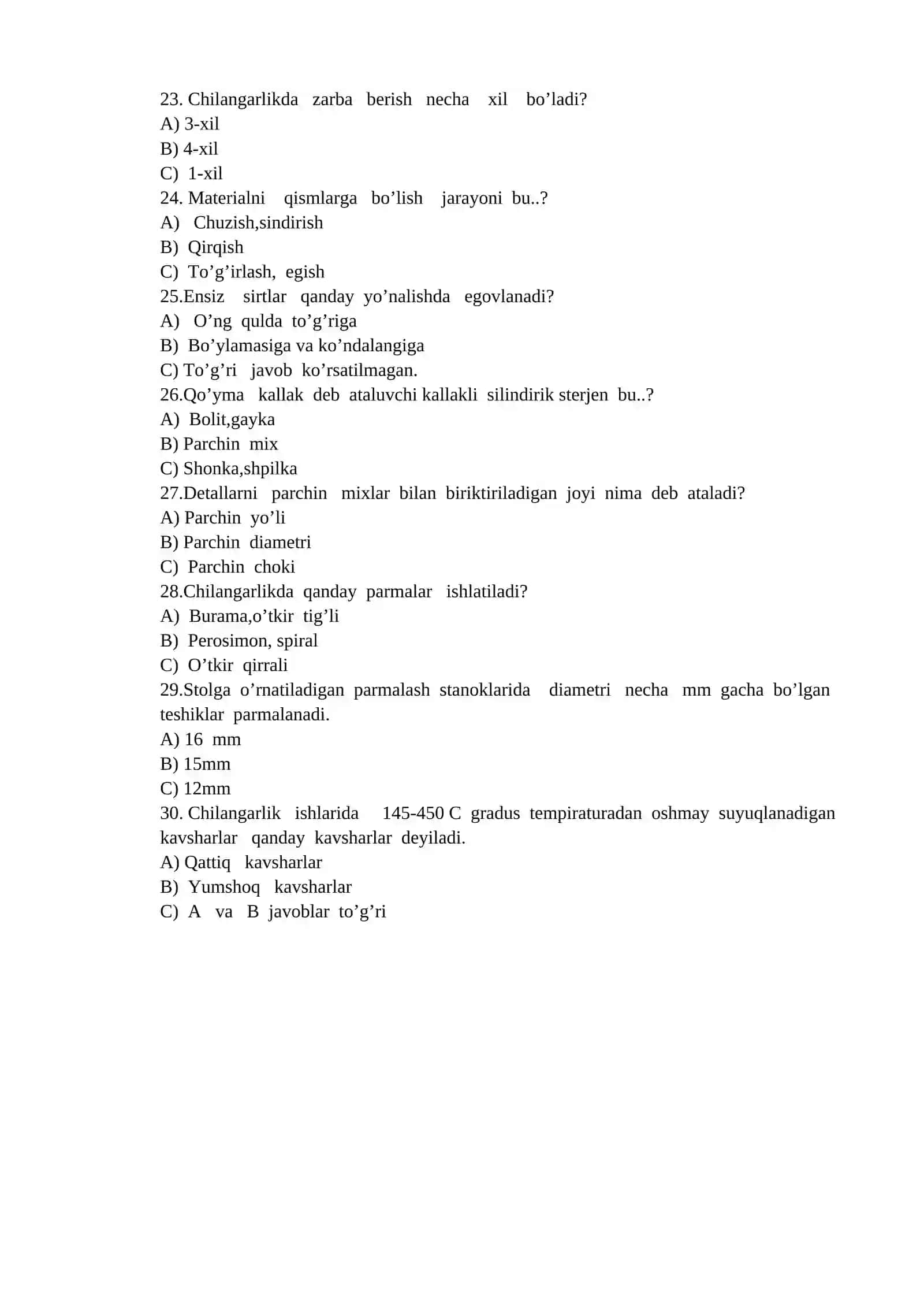 Chilangarlik ishi kasbi bo’yicha test savollari 3