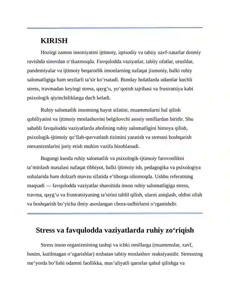 Gumanitar krizislar sharoitida ijtimoiy ish fanidan Stress,travmadan keying stress.Qaygu va yoqotish tajribasi bo'yicha tayyorlagan Referati 3