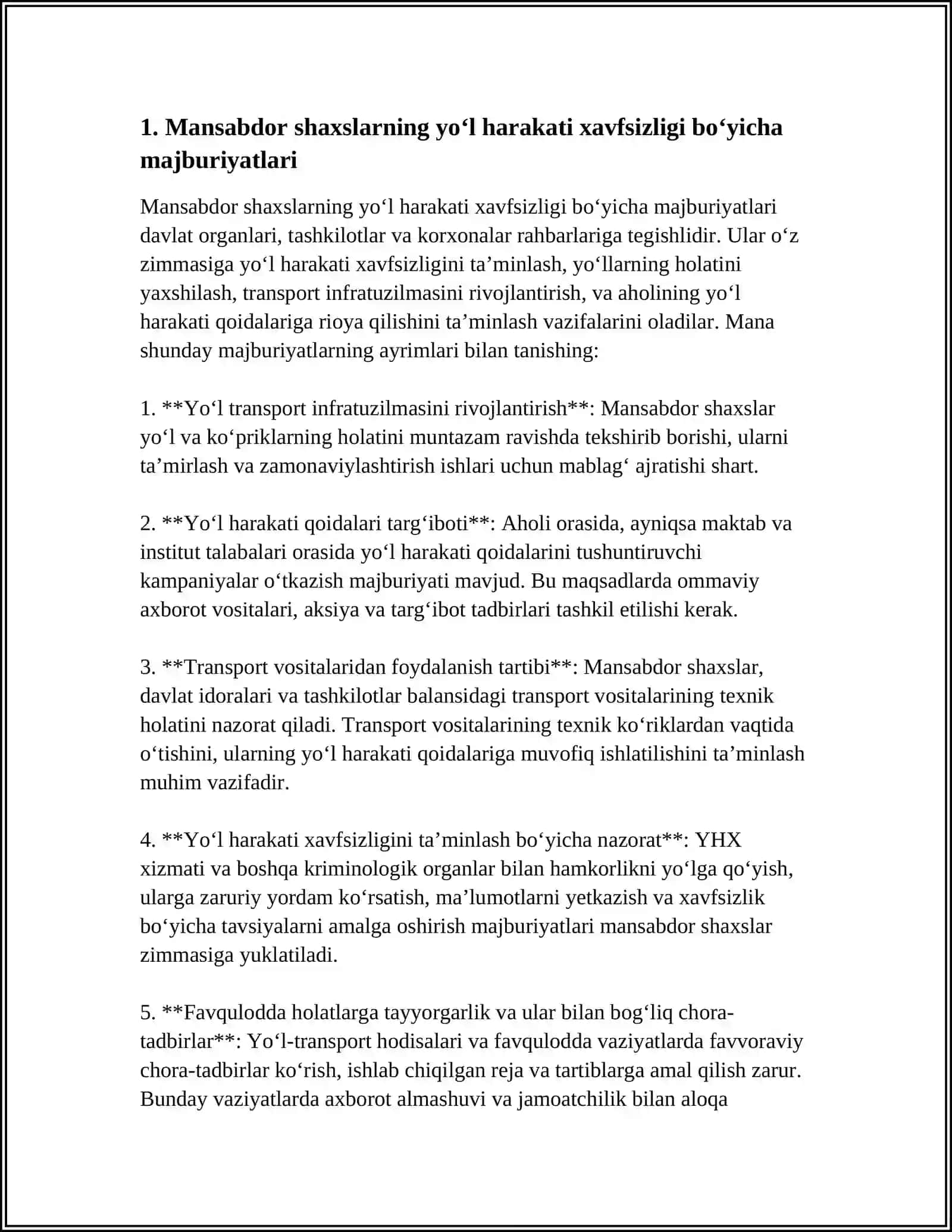 MANSABDOR SHAXSLARNING VA FUQAROLARNING YOʻL HARAKATI XAVFSIZLIGINI TAMINLASH, BOʻYICHA MAJBURIYATLARI 3