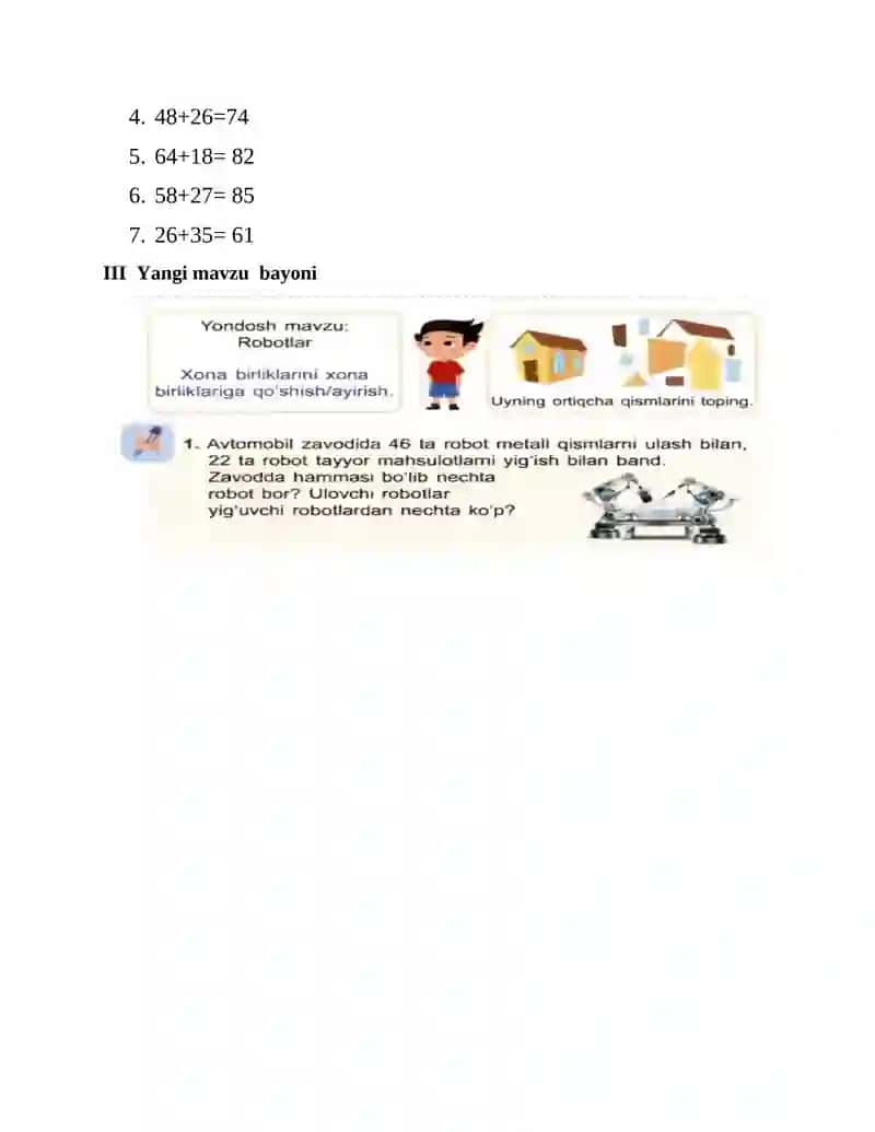 2-sinf Matemayika fanidan Ustun ko`rinishida qo`shish va ayirish 3