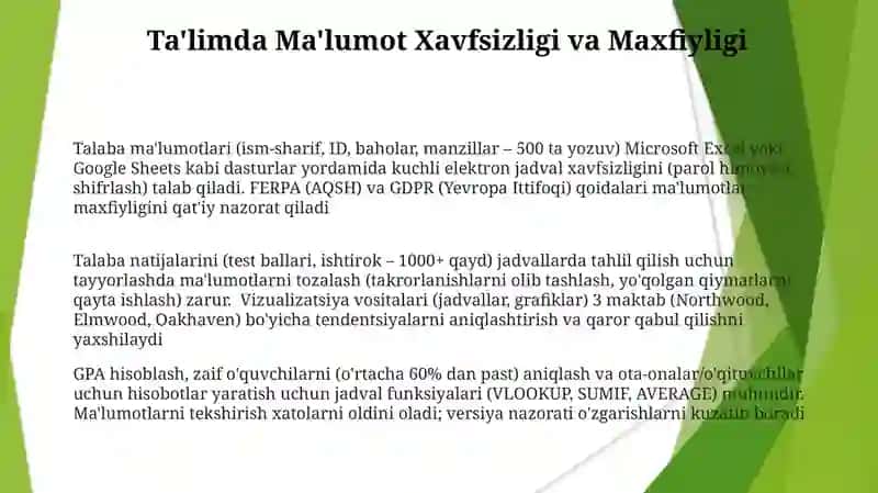 Elektron jadval yordamida ma'lumotlar tayyorlash 3