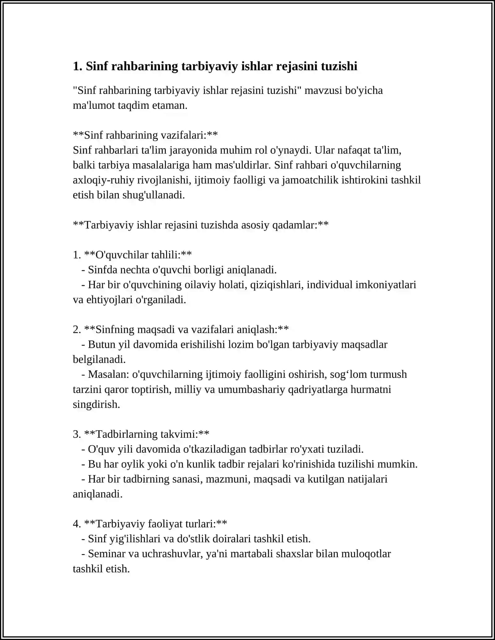 Sinf rahbarining tarbiyaviy ishlar rejasini tuzishi 3