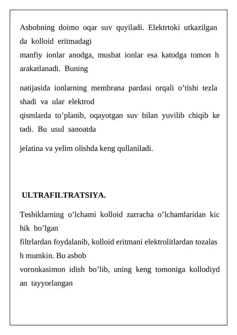 Kolloid sistemalarini dializ usuli bilan tozalash 3