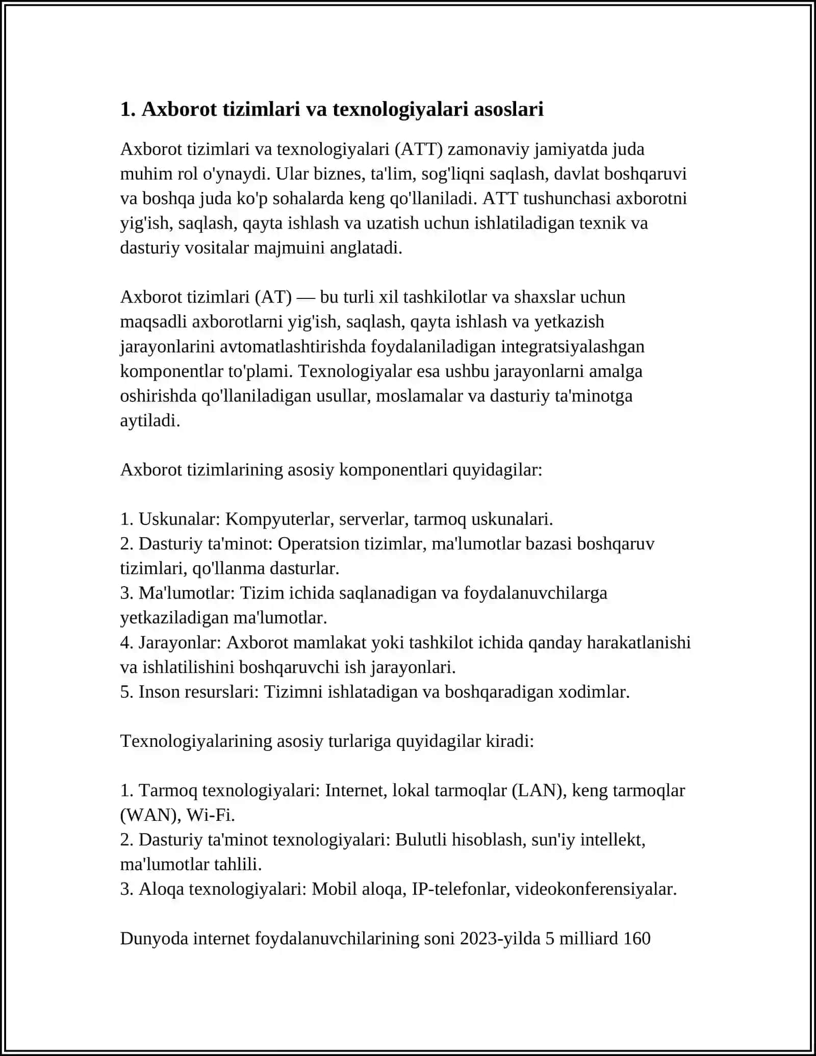 "IQTISODIYOTDA AXBOROT-KOMMUNIKATSION TEXNOLOGIYALAR VA TIZIMLAR" FANIGA KIRISH 3