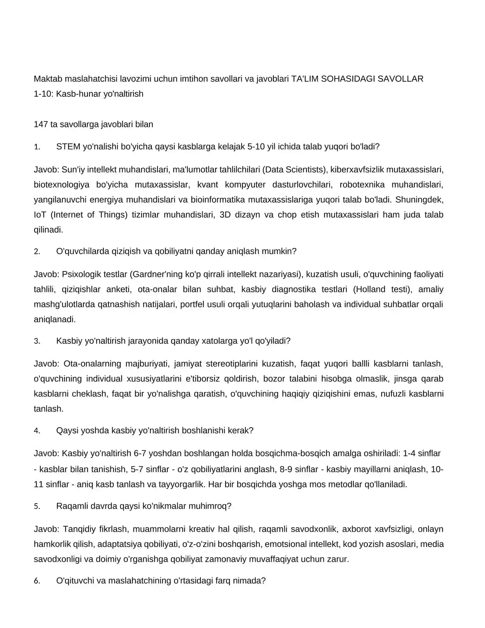 Maktab maslahatchisi lavozimi uchun imtihon savollari va javoblari YANGI TAHRIR 3