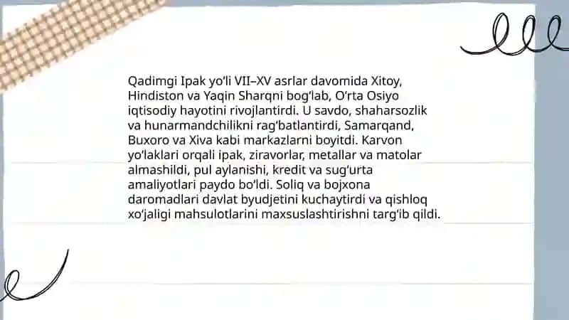 Qadimgi savdo yoʻllarining Oʻrta Osiyo xalqlari tarixida tutgan oʻrni 3
