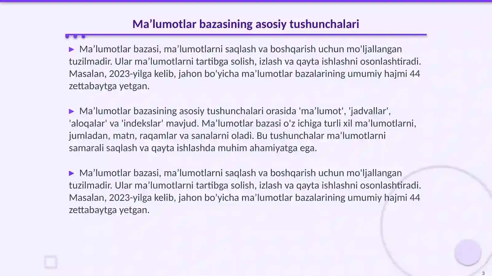 Ma’lumotlar bazasini boshqarish tizimlari 3